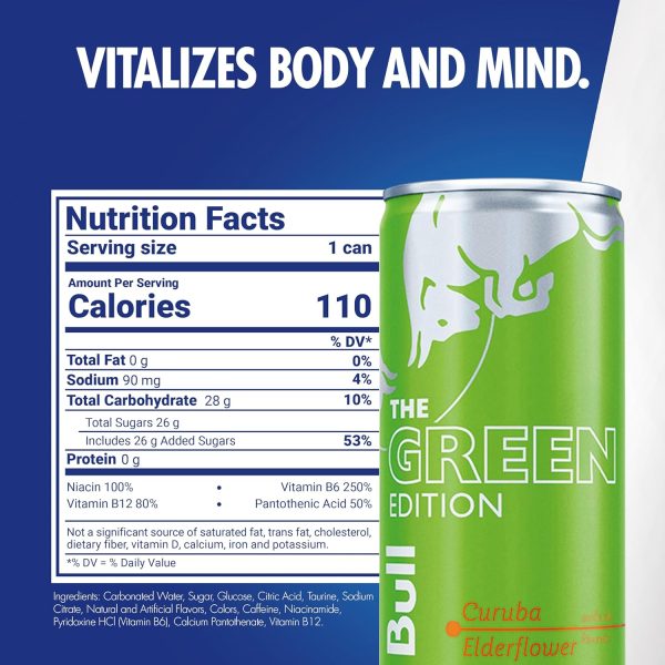 Red Bull Green Edition Energy Drink. Curuba Elderflower. 8.4 fl. oz. with 80mg Caffeine. Taurine & B Vitamins - Image 2
