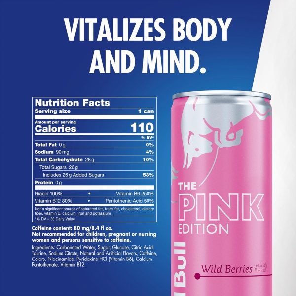 Red Bull Pink Edition Energy Drink. Wild Berries. 8.4 fl. oz. with 80mg Caffeine. Taurine & B Vitamins - Image 2